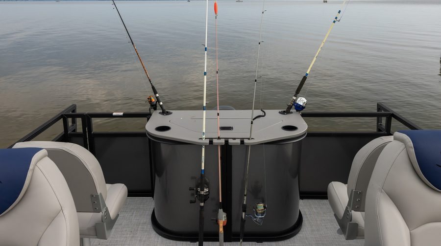 Dockside pontoon fishing layout with rear table and livewell area