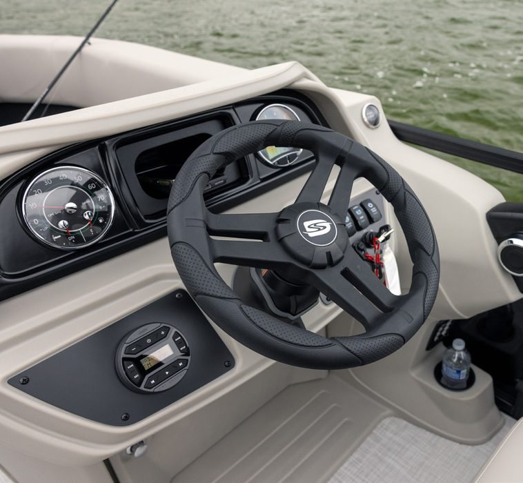 Dockside pontoon helm with steering wheel and gauges