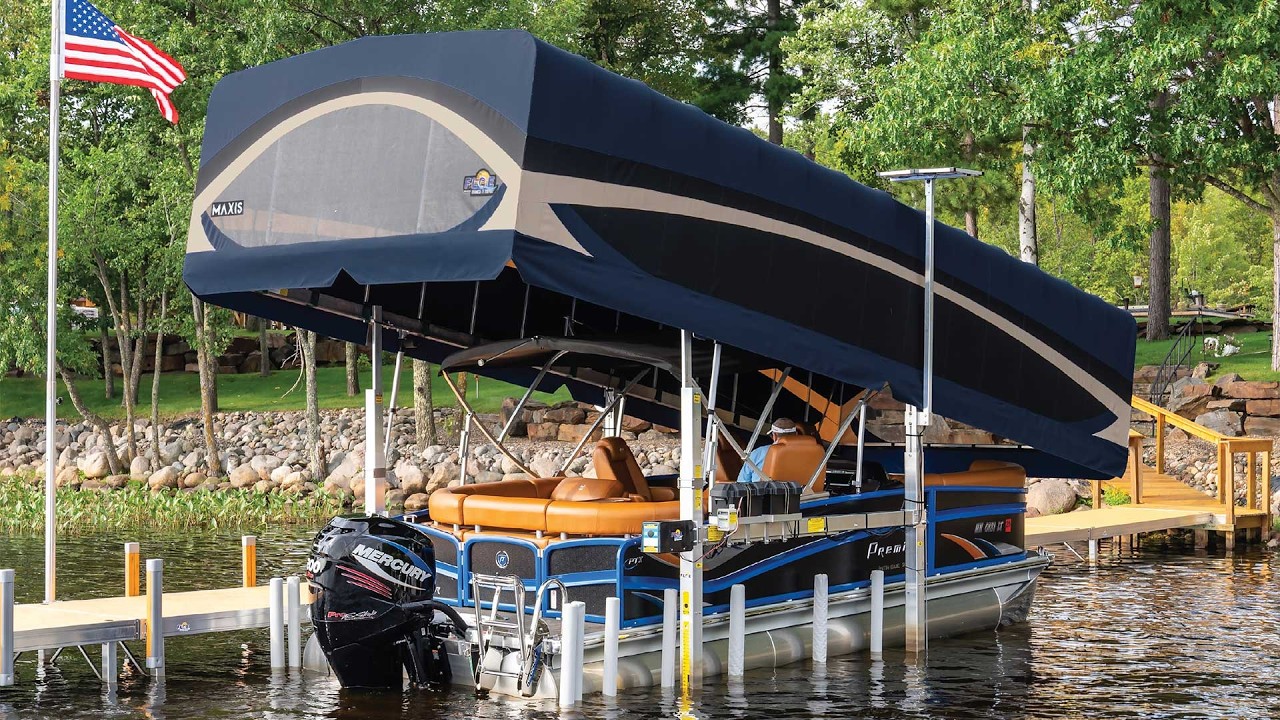 FLOE boat lift with pontoon on a Wisconsin lake
